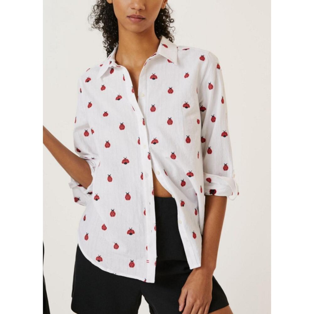 Anthropologie Maeve Ladybug Buttondown White Blouse Shirt XS